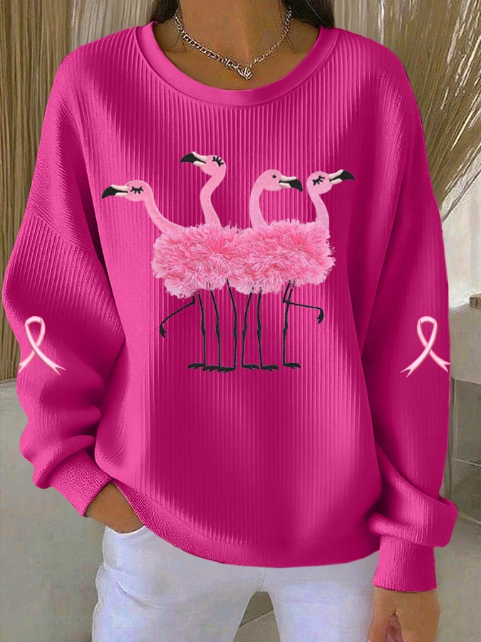 Women's Breast Cancer Print Knit Crew Neck Long Sleeve Top