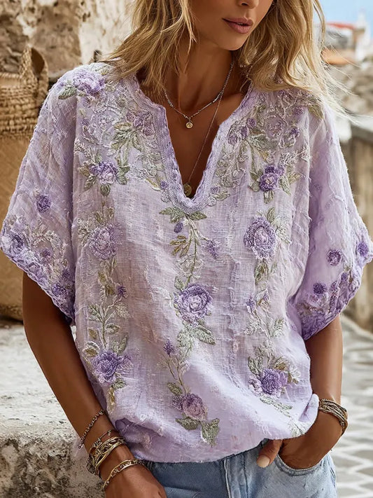 Women's Retro Floral Embroidery Casual Cotton Linen V-neck T-shirt