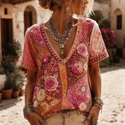 Women's Retro Resort Floral Patchwork Breast Cancer Ribbon V-neck Short Sleeve Cotton Linen T-shirt