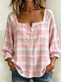 Women's Pink Plaid Print Cotton-Linen Top