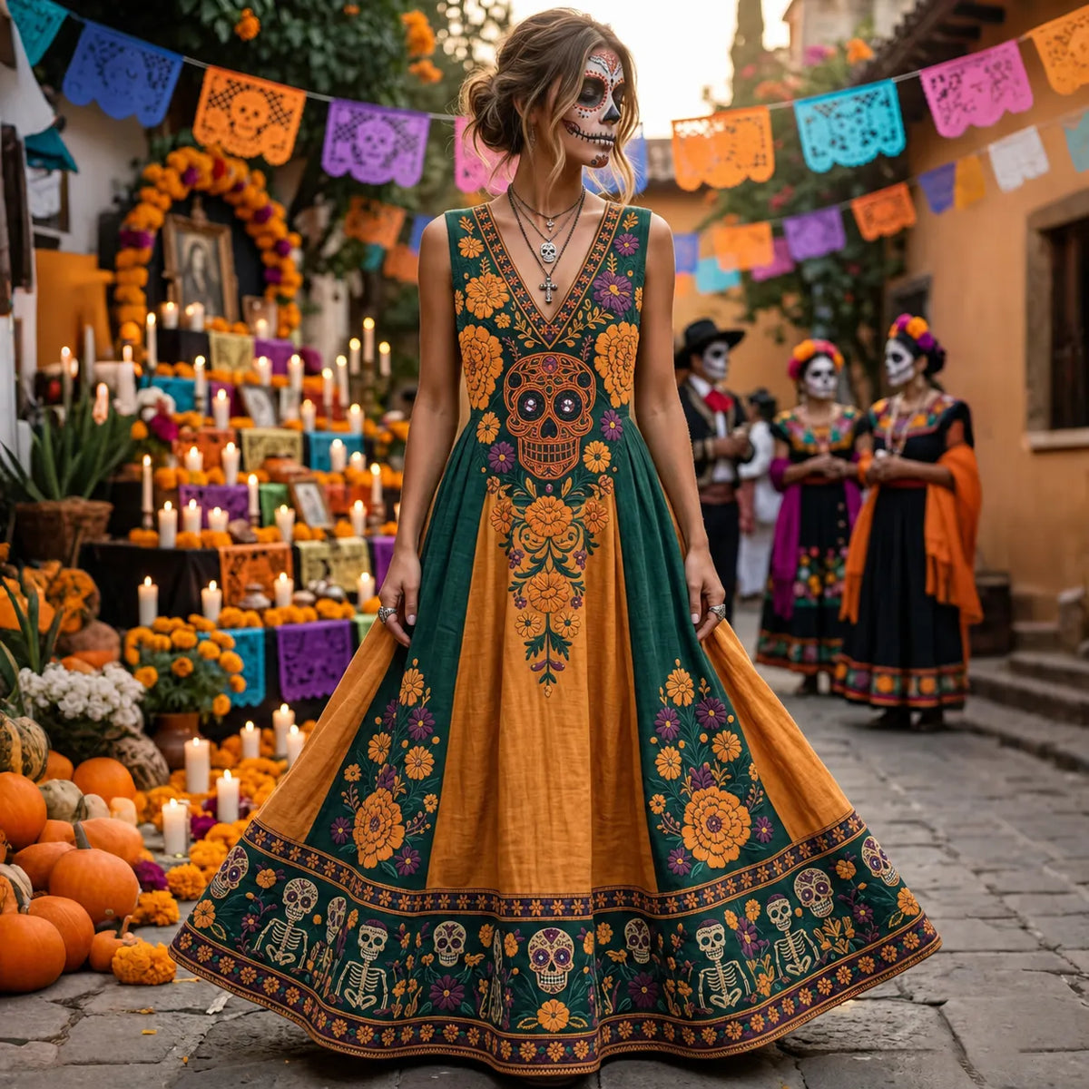 Women's Retro-style Color-blocked Floral Skull Print Cotton Linen V-neck Maxi Dress