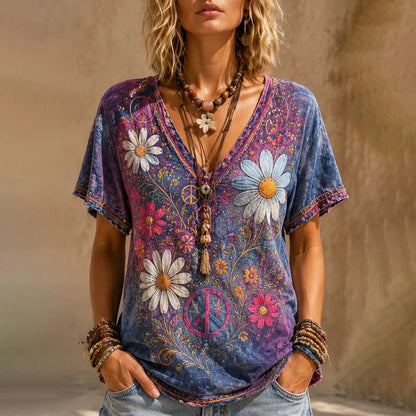 Vintage Floral Peace Sign Gradient Linen T-shirt