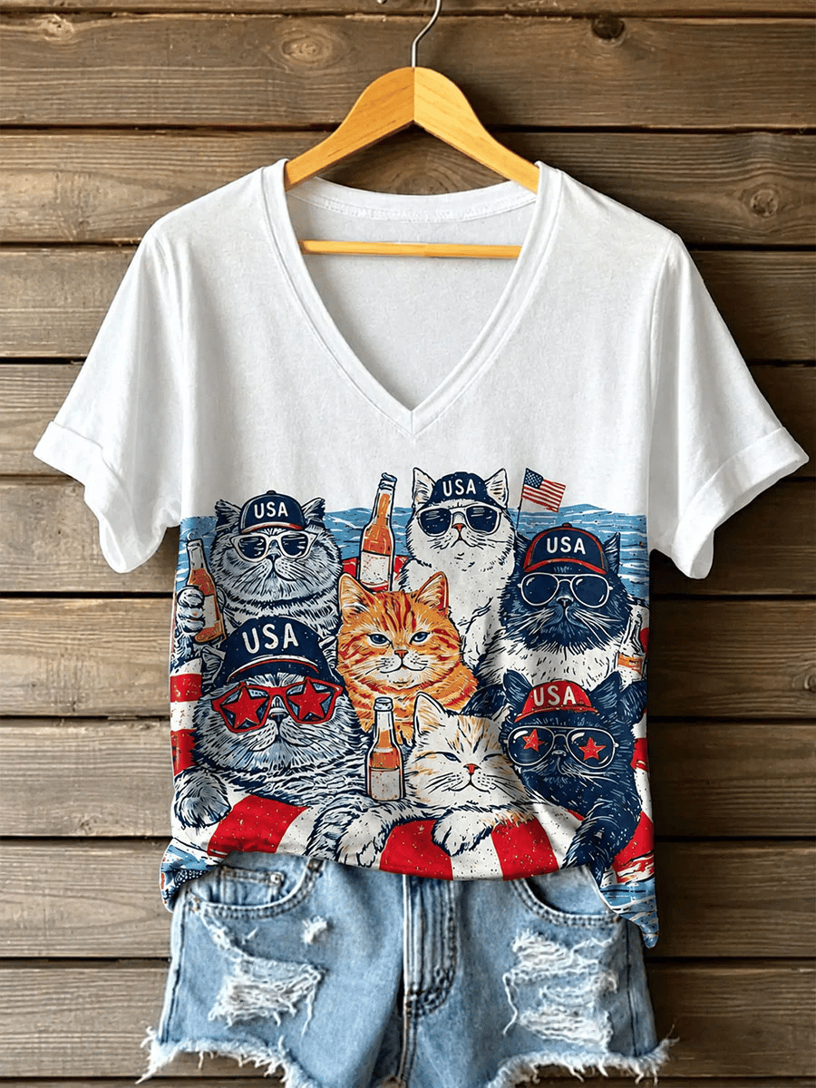Women's USA Cat Flag Print Comfortable V-Neck T-Shirt