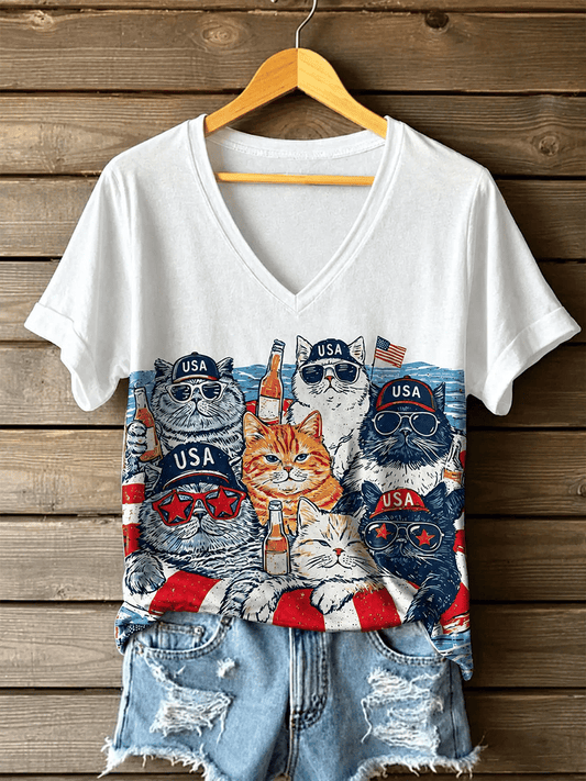Women's USA Cat Flag Print Comfortable V-Neck T-Shirt