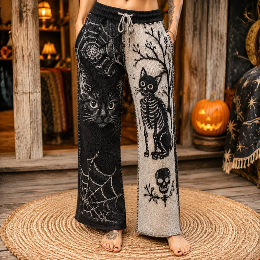 Women's Gothic Split-leg Knit Pants With Cat Face, Skeleton, And Spider Web Pattern