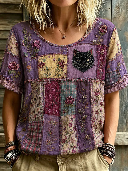 Women's Bohemian Floral And Black Cat Art Pattern Casual T-shirt