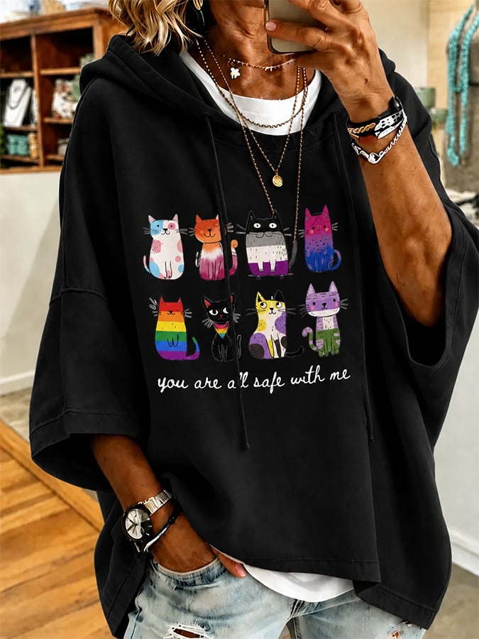 Women's Casual Cat Print Loose Hoodie