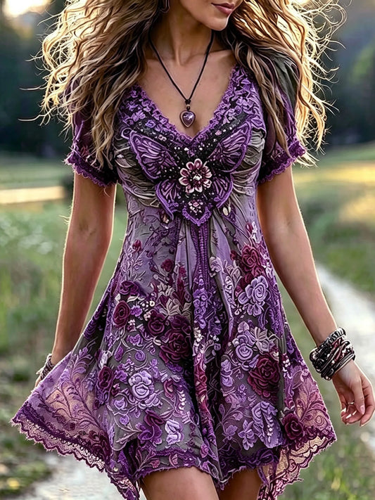 Women's Vintage Bohemian Style Butterfly And Rose Floral Embroidered Print Dress