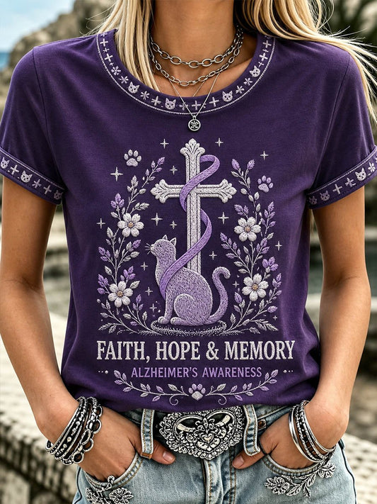 Women's Alzheimer's Awareness Floral Cat & Faith Crewneck Top