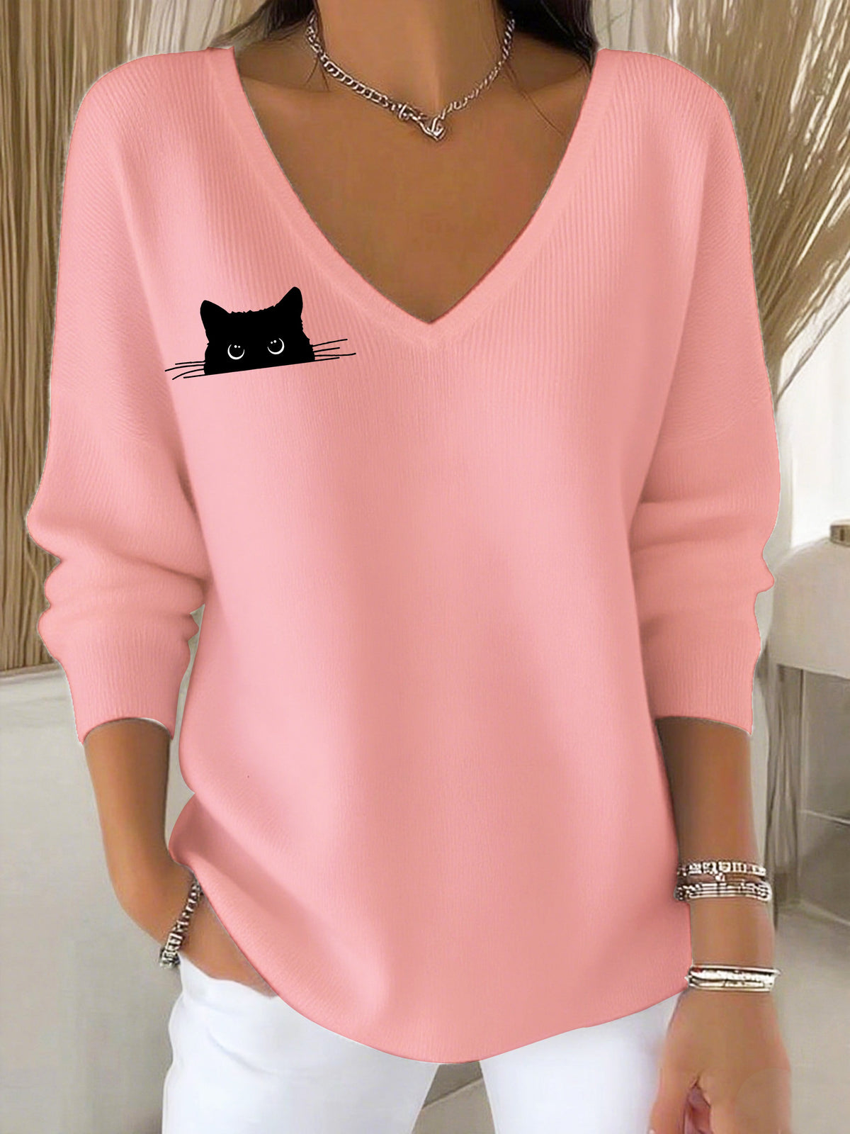Women's Autumn Cute Black Cat Print Casual Top