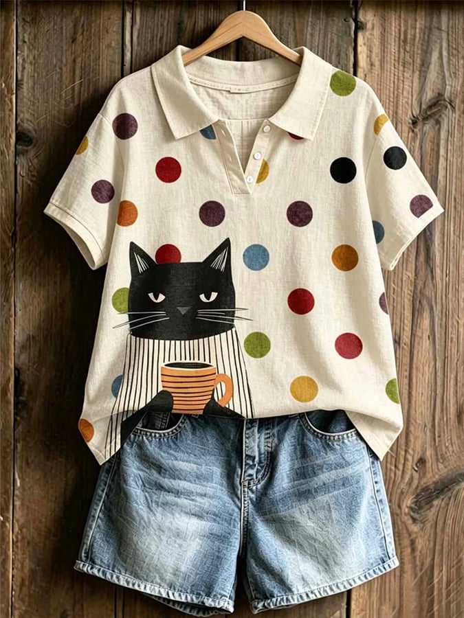 Women's Polka Dot Cat Print Polo Shirt