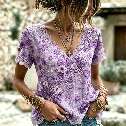 Women's Vintage Bohemian Floral Embroidery Lace Print Top
