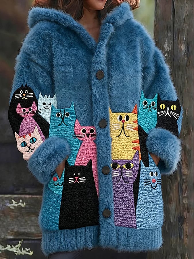 Women's Animal  Fun Cat Print Flannel Warm Jacket