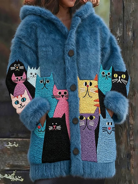Women's Animal  Fun Cat Print Flannel Warm Jacket