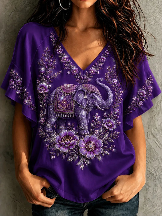Women's Elephant And Floral Embroidery Art V-neck T-shirt