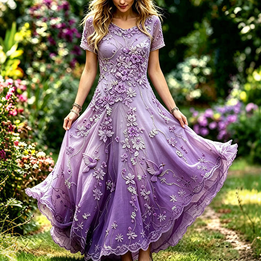 Women's Purple Floral & Hummingbird Print Alzheimer's Awareness Casual Round Neck Dress