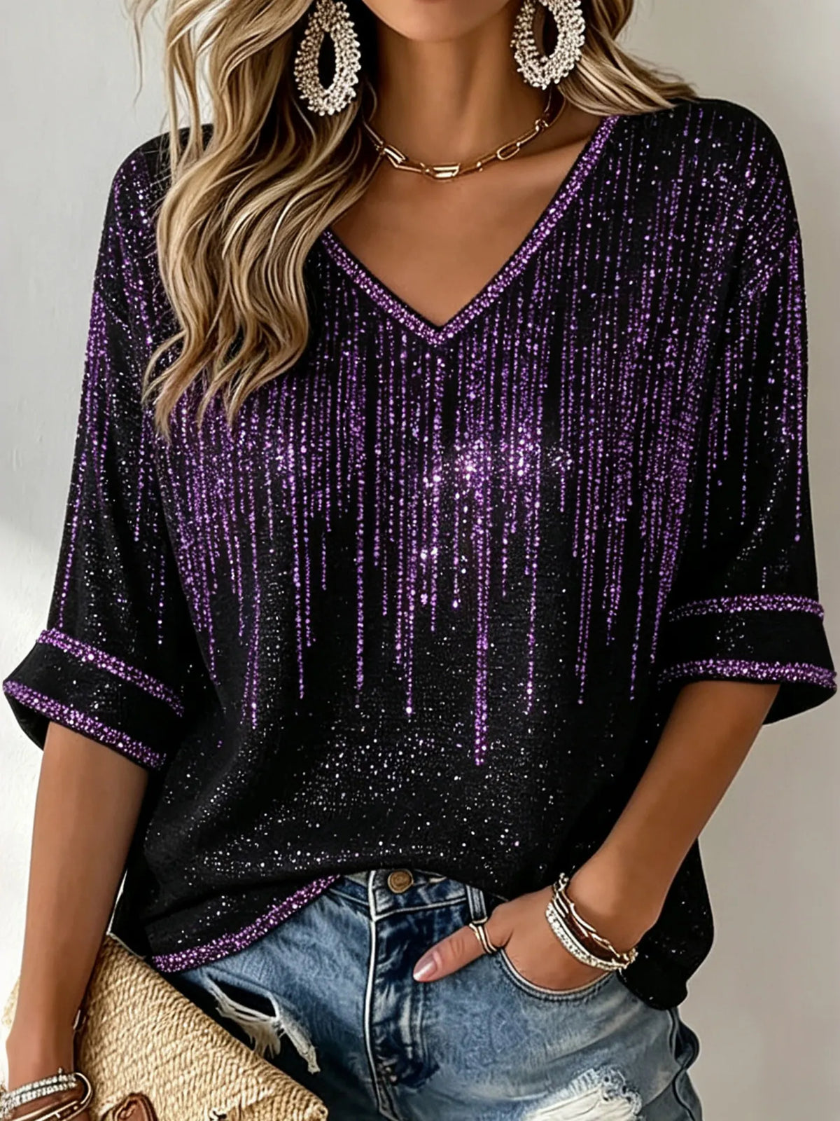 Women's Alzheimer's Disease Awareness Sequin Print Mid-sleeve T-shirt