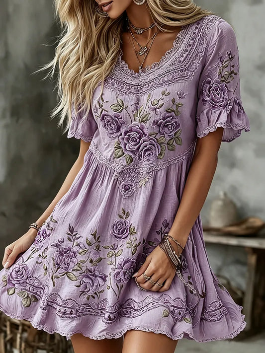 Women's Retro Purple Rose Embroidery Art Short Sleeve Linen Blend Mini Dress