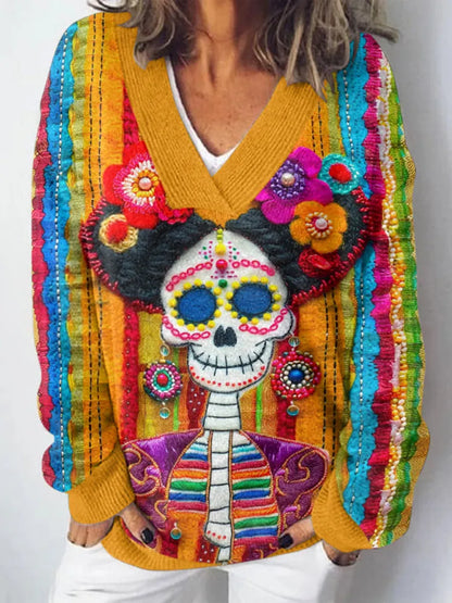 Women's Mexican Sugar Skeleton Catrina Day Of The Dead Inspired Printed Light Sweater