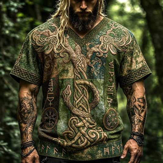 Men's Vintage Green Tree Of Life 3d Embroidery V Neck T-shirt, Norse Viking Snake Celtic Knot Rune Patchwork Short Sleeve Tee
