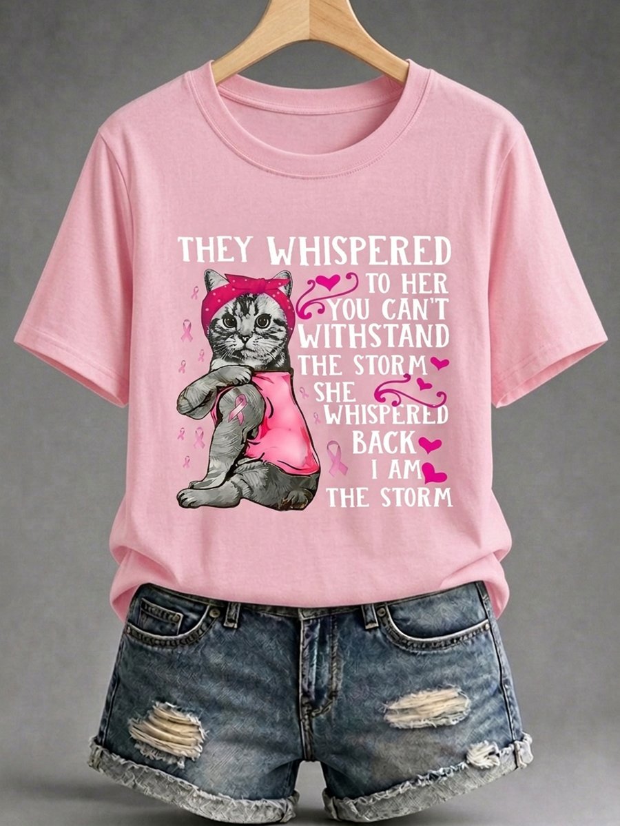 Women's Breast Cancer Awareness Cat Art Short-Sleeve T-Shirt