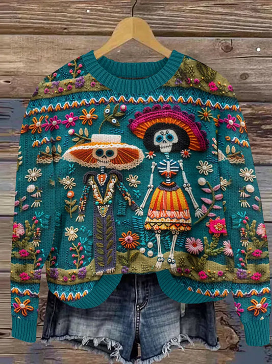Mexican Sugar Skeleton Couple Catrina Day Of The Dead Inspired Embroidery Art Print Knitted Pullover Sweater