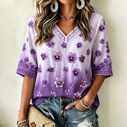 Women's Vintage Classy Purple Pansy Art Flowy Linen Blend Three Quarter Sleeves T-shirt