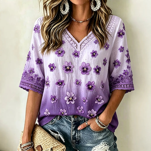 Women's Vintage Classy Purple Pansy Art Flowy Linen Blend Three Quarter Sleeves T-shirt
