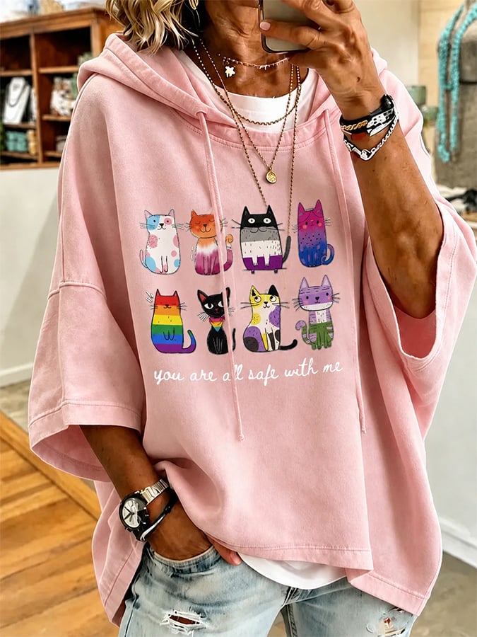 Women's Casual Cat Print Loose Hoodie