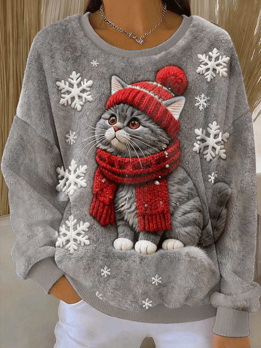 Women's Casual Cute Cat Print Long-Sleeve Flannel Sweatshirt