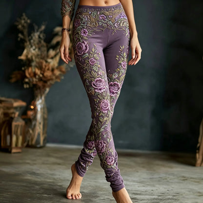 Women's Retro Purple Floral Embroidered Comfortable Leggings