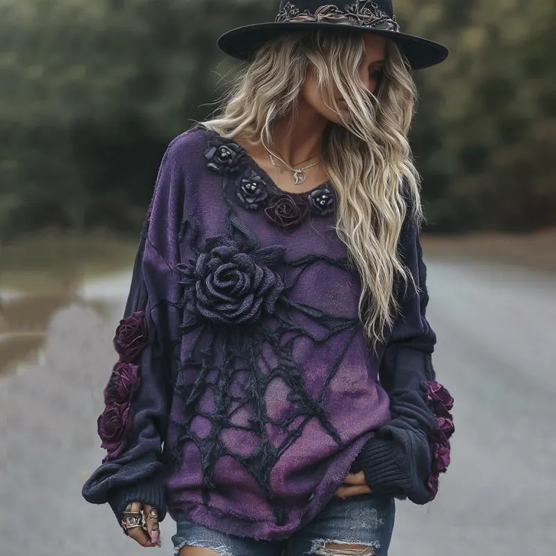 Vintage Halloween Black And Purple Rose Art Cozy Knit Sweater
