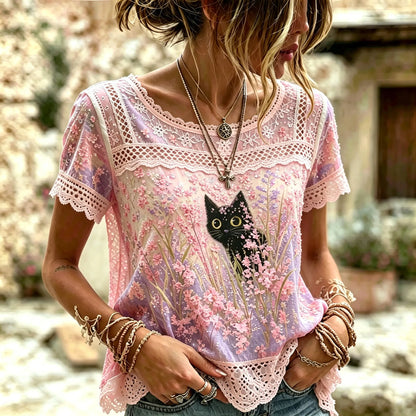 Women's Vintage Bohemian Floral And Cat Print Top