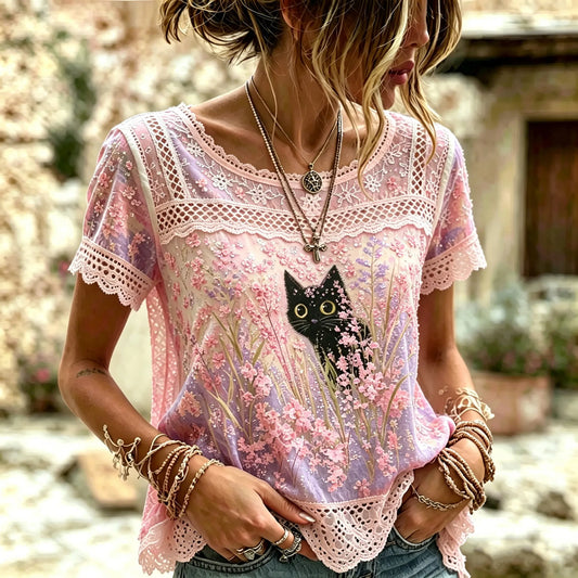Women's Vintage Bohemian Floral And Cat Print Top