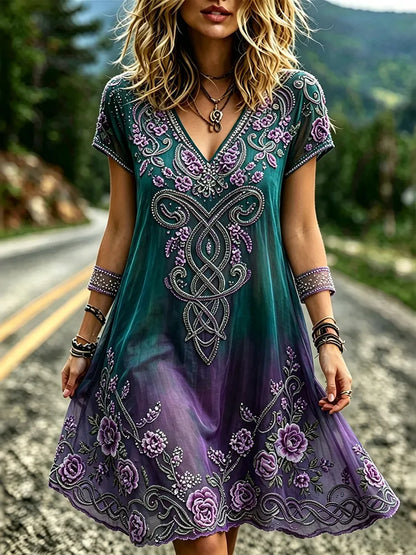Women's Retro Floral Gradient Cotton Linen V-neck Short-sleeve Dress