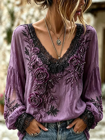 Women's Retro Boho Purple Floral Art Cotton Linen V Neck T-shirt