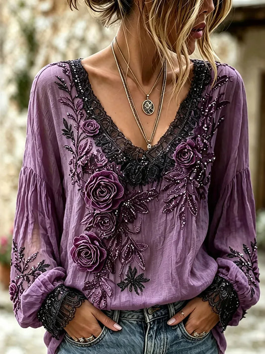Women's Retro Boho Purple Floral Art Cotton Linen V Neck T-shirt