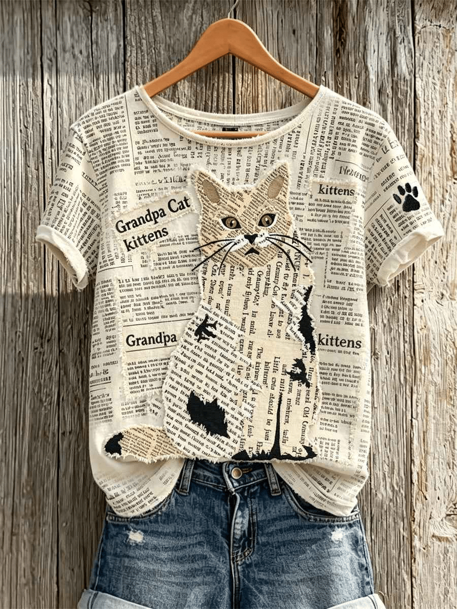 Women's Retro Cat And paw Print T-Shirt