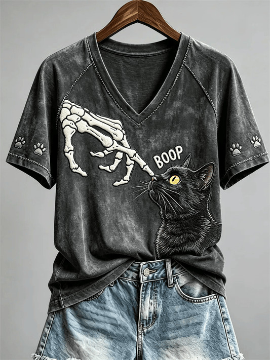 Women's Casual Black Cat Print Halloween Top