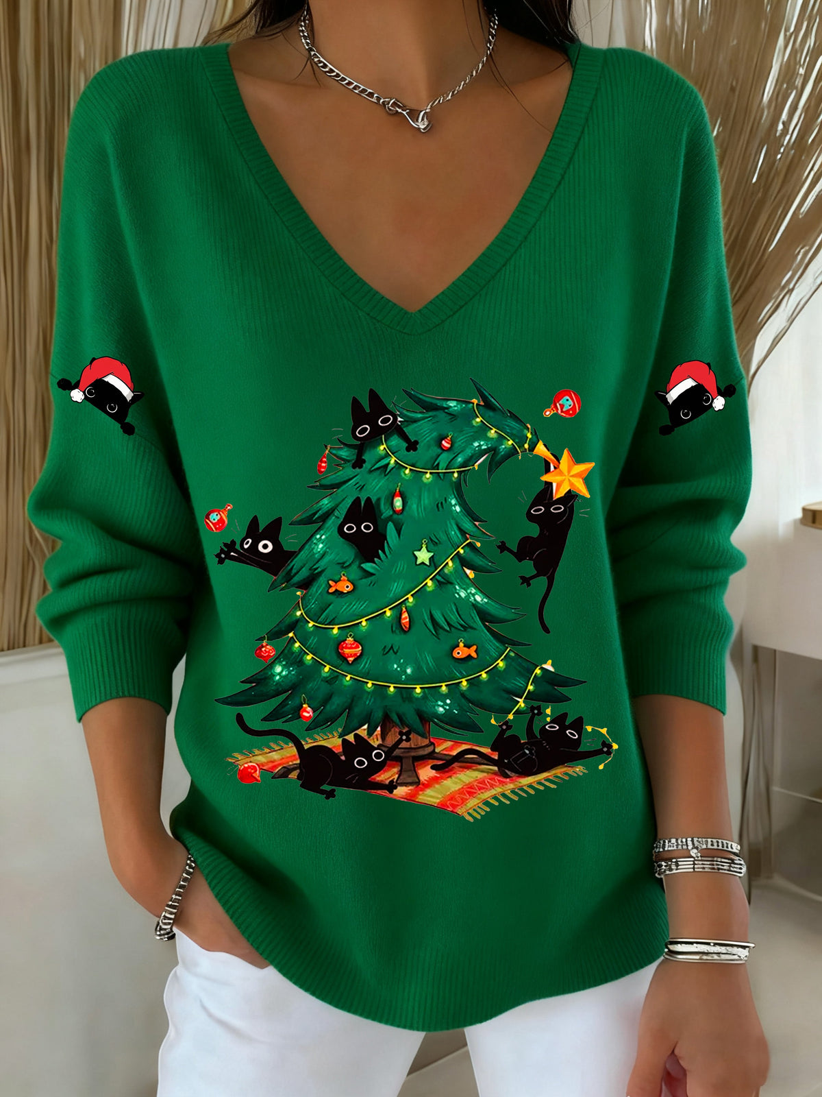 Women's Cute Christmas Tree and Black Cat Print Casual Holiday Top