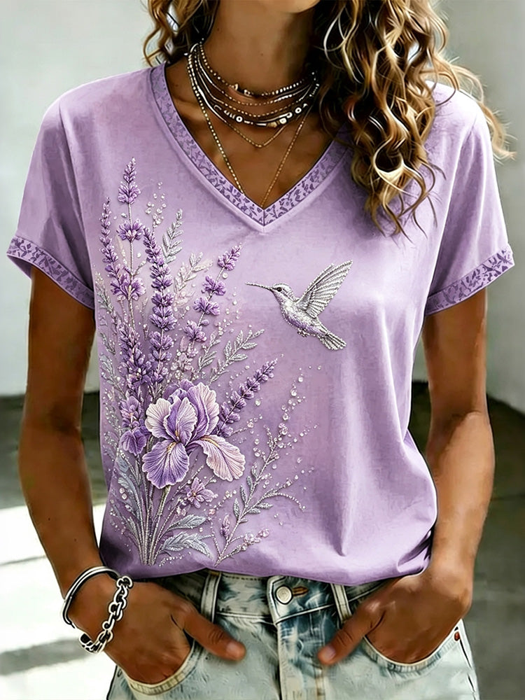 Women's Vintage Floral And Bird Embroidery Art V Neck Short Sleeve T-shirt
