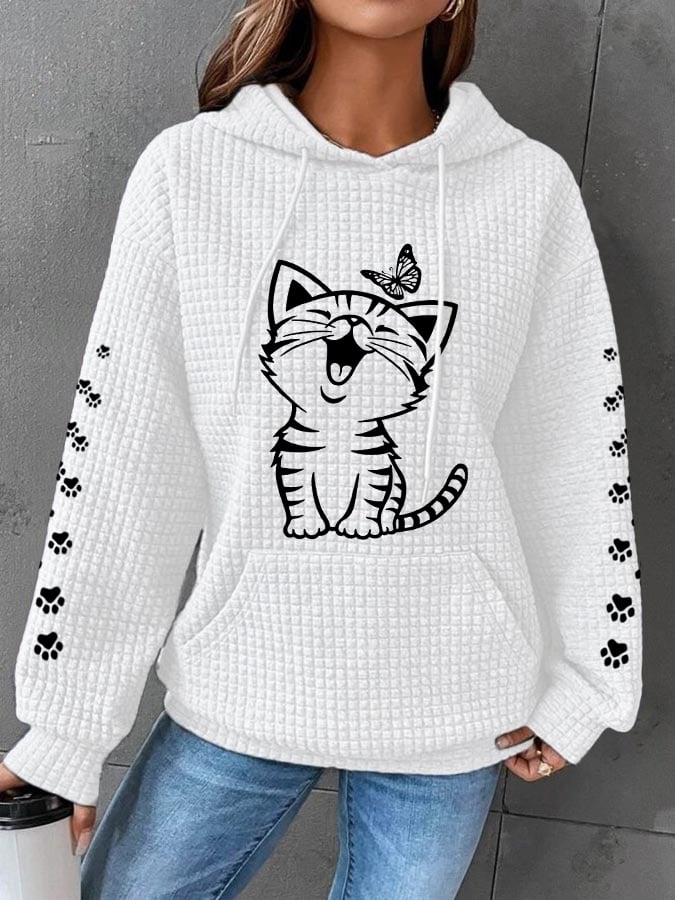 Women's Cute Cat Graphic Cat Lovers Casual Waffle Hoodie