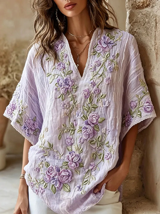 Women's Retro Purple Floral Art Embroidery Linen Blend V-neck Short Sleeve T-shirt