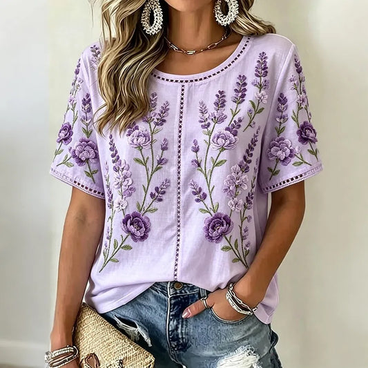 Women's Retro Floral Embroidery Art Crew Neck Short Sleeve T-shirt