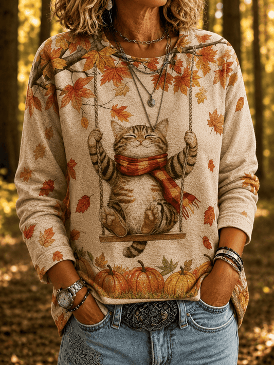 Women's early autumn maple leaf and kitten print round neck top