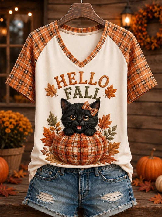 Women'S Autumn Cute Cat Pumpkin Plaid Print Casual T-Shirt