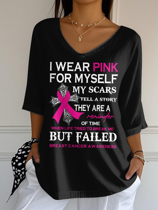 Women's Breast Cancer I Wear Pink For Myself My Scars Printed T-Shirt