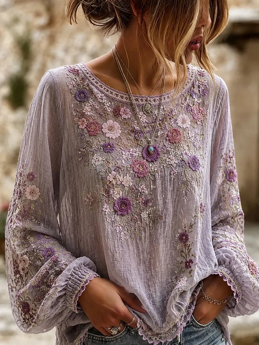Women's Retro Boho Floral Art Cotton Linen Crew Neck Casual T-shirt