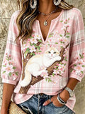Women's Pink Plaid Print Cotton-Linen Top