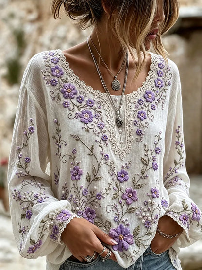 Women's Retro Floral Art Flowy Long Sleeve Linen T-shirt